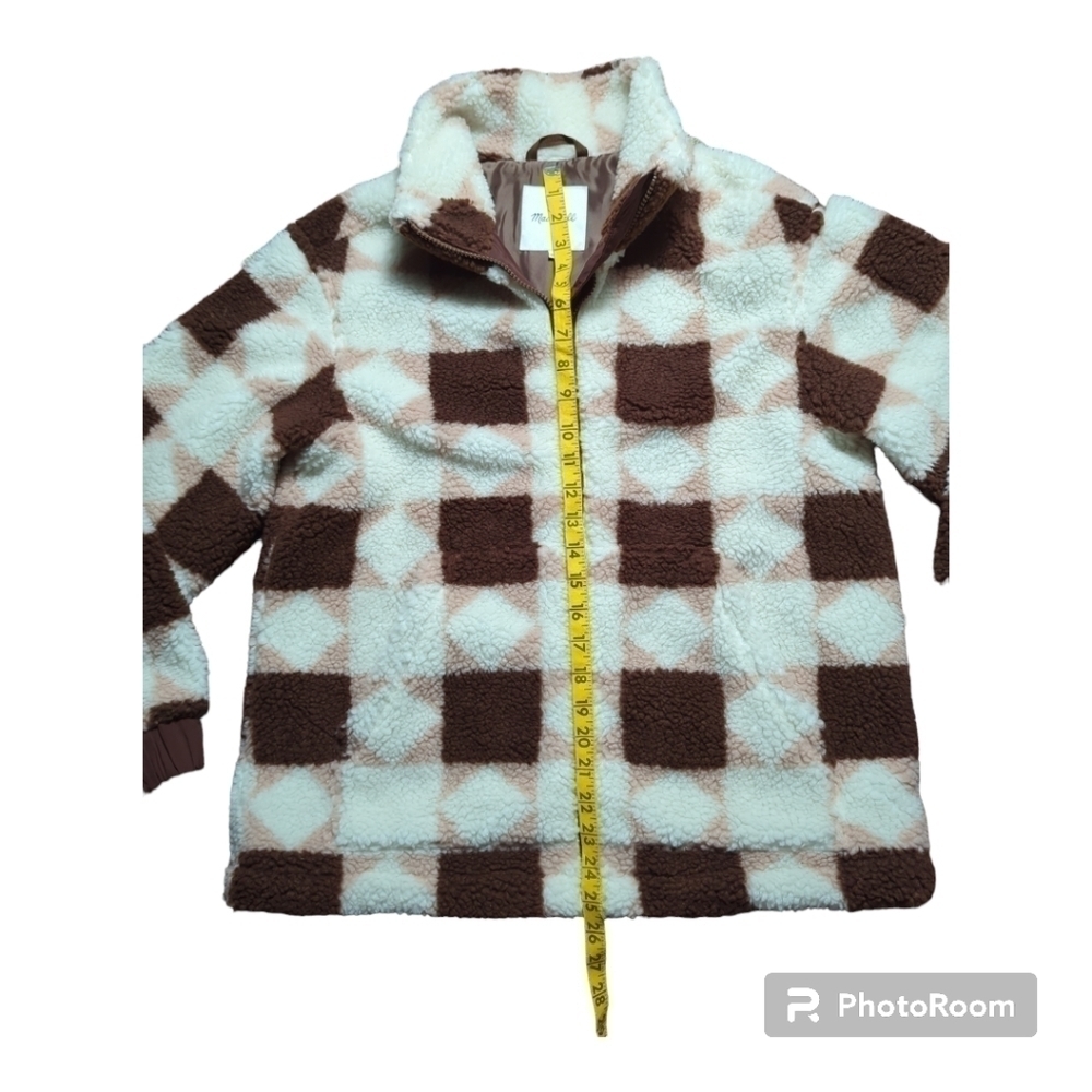 Madewell Sherpa quilted bomber women's jacket in patchwork stars XS white brown - Picture 7 of 11